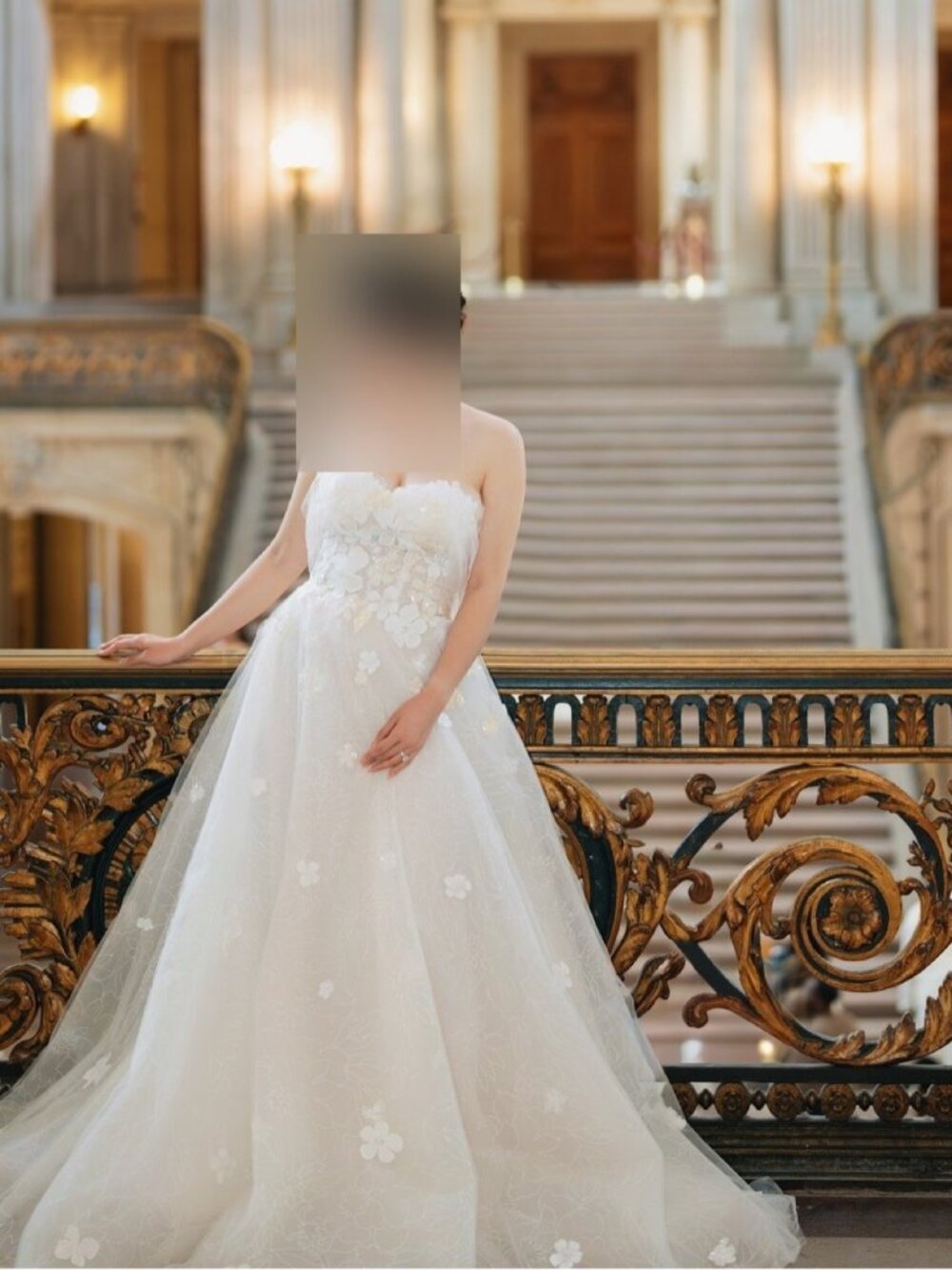 Champagne Strapless Wedding Dress, 3D Floral Lace, Corset Back